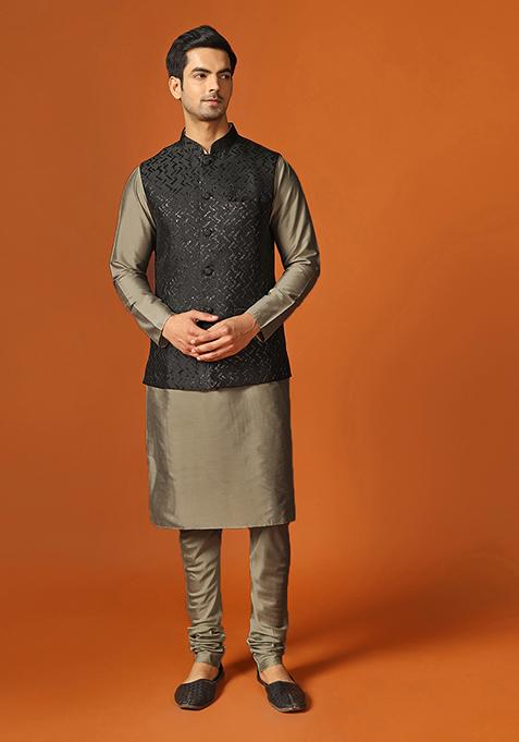 Black Textured Silk Blend Jacquard Kurta Jacket Set