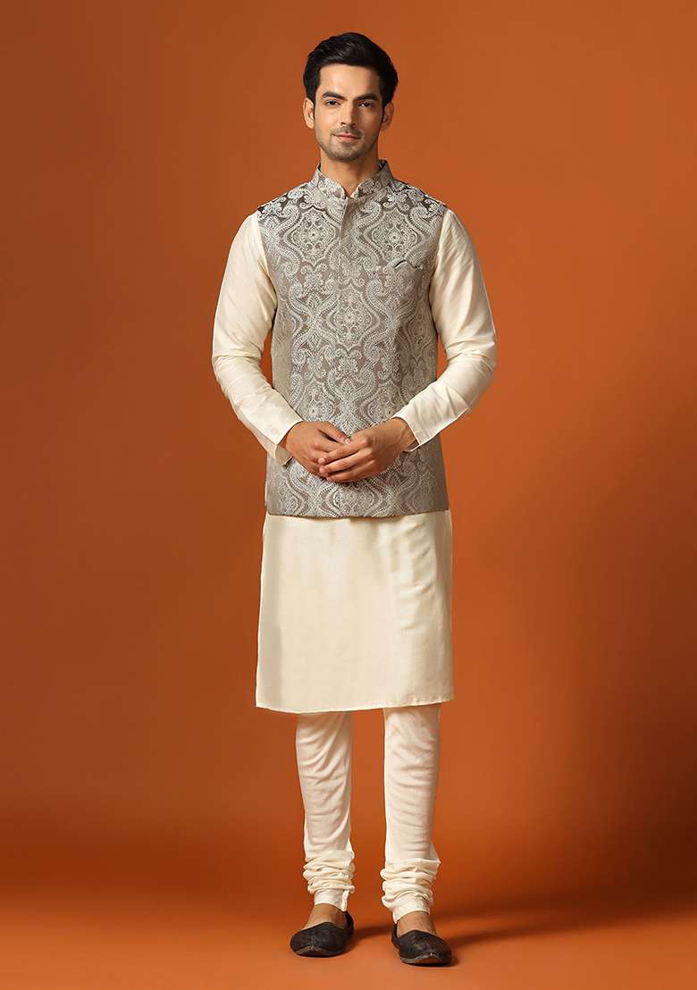 Grey Woven Design Jacquard Kurta Jacket Set - Indya