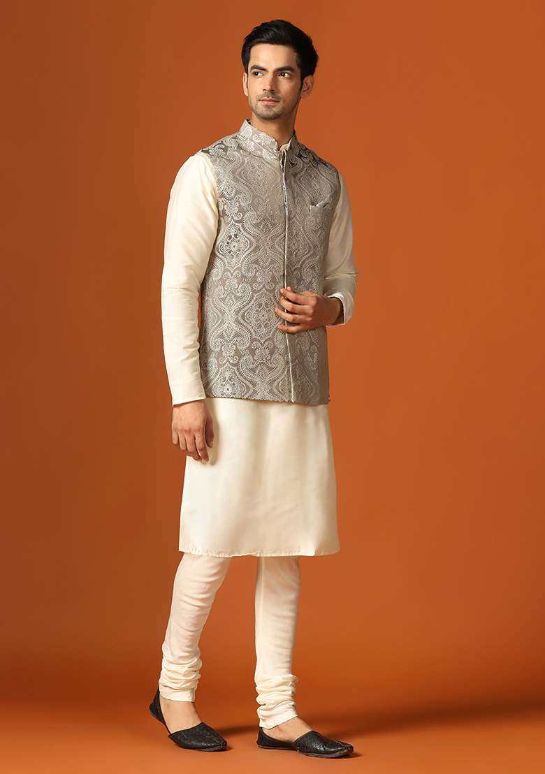 Grey Woven Design Jacquard Kurta Jacket Set - Indya