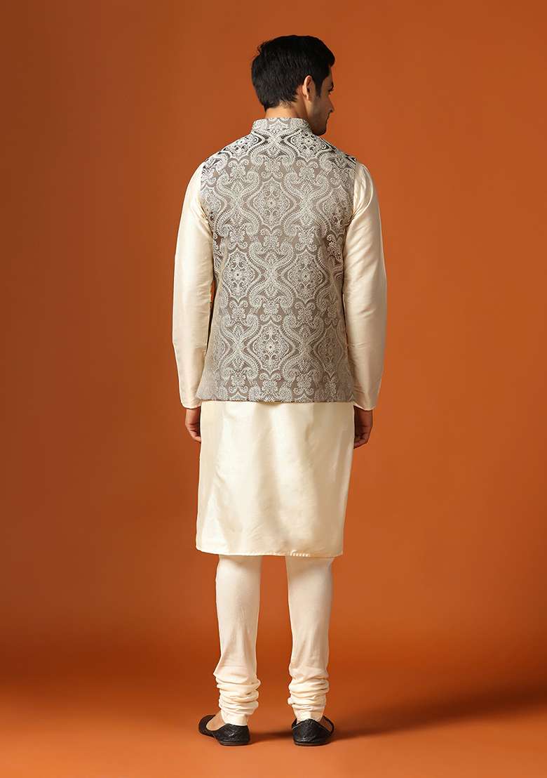 Grey Woven Design Jacquard Kurta Jacket Set - Indya