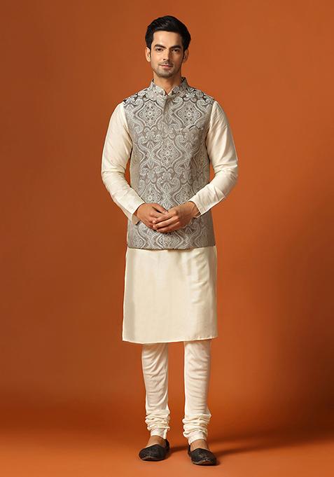 Grey Woven Design Jacquard Kurta Jacket Set