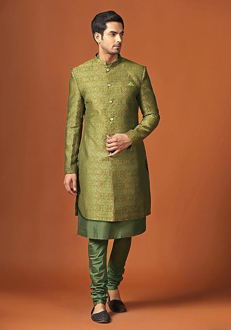 Olive Woven Design Jacquard Kurta Sherwani Set