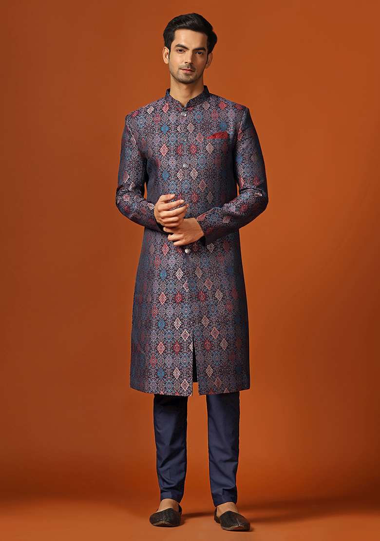 Multicolour Woven Design Jacquard Sherwani Set - Indya
