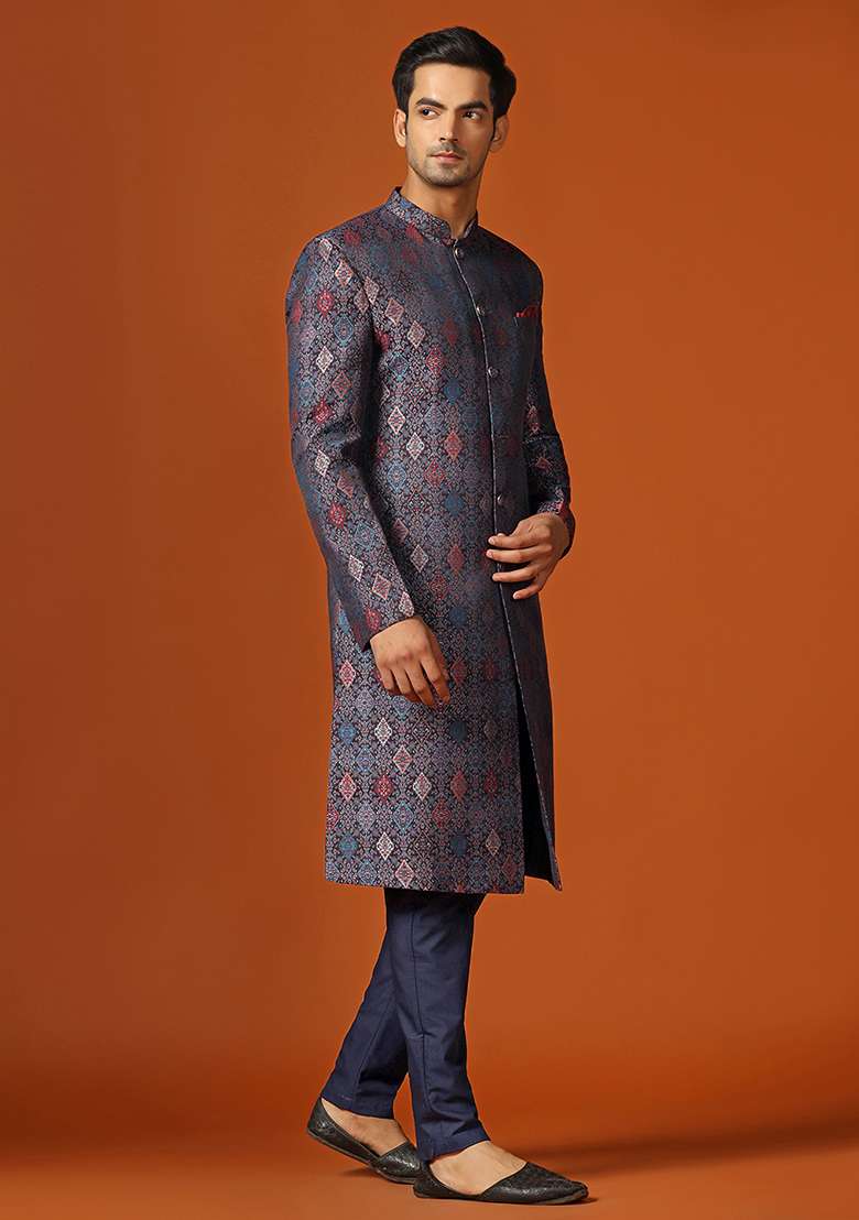 Multicolour Woven Design Jacquard Sherwani Set - Indya