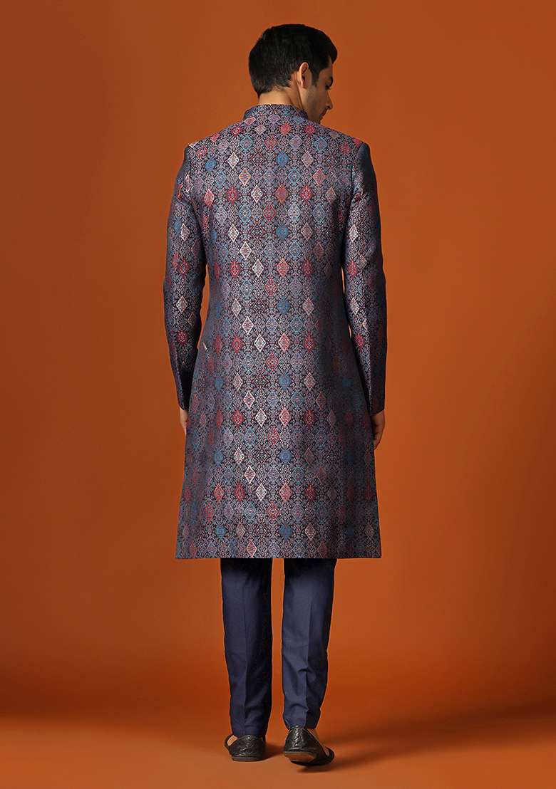 Multicolour Woven Design Jacquard Sherwani Set - Indya