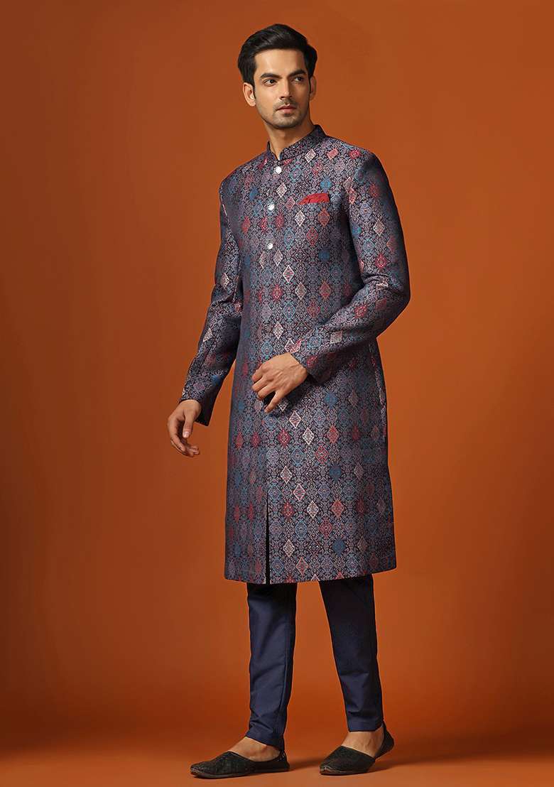 Multicolour Woven Design Jacquard Sherwani Set - Indya