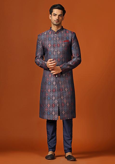 Multicolour Woven Design Jacquard Sherwani Set