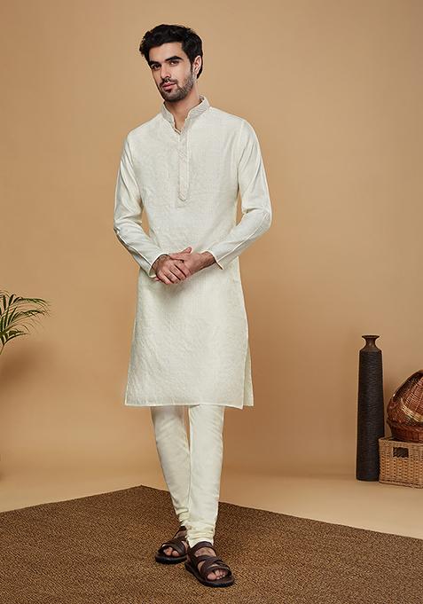 Off White Woven Design Jacquard Kurta Set