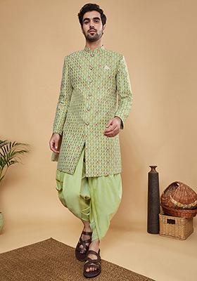 Green Woven Design Silk Blend Kurta Sherwani Set