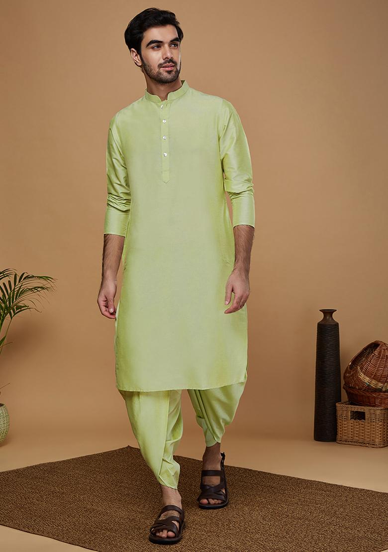 Green Woven Design Silk Blend Kurta Sherwani Set - Indya