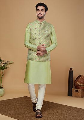 Green Woven Design Silk Blend Kurta Jacket Set