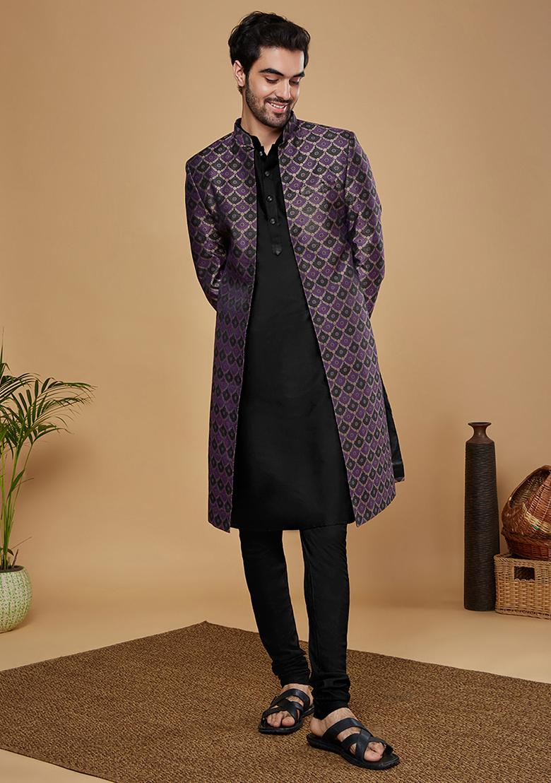 Purple Woven Design Silk Blend Kurta Sherwani Set