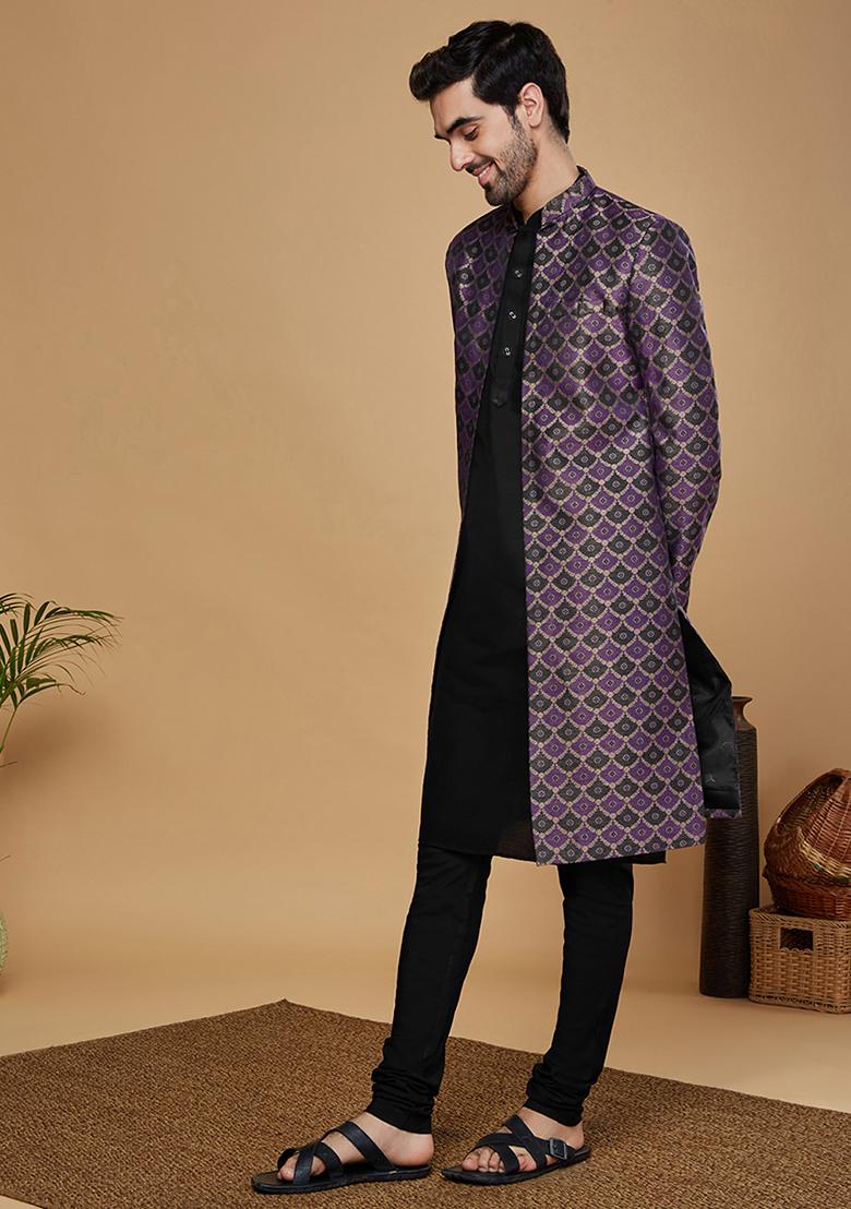 Purple Woven Design Silk Blend Kurta Sherwani Set