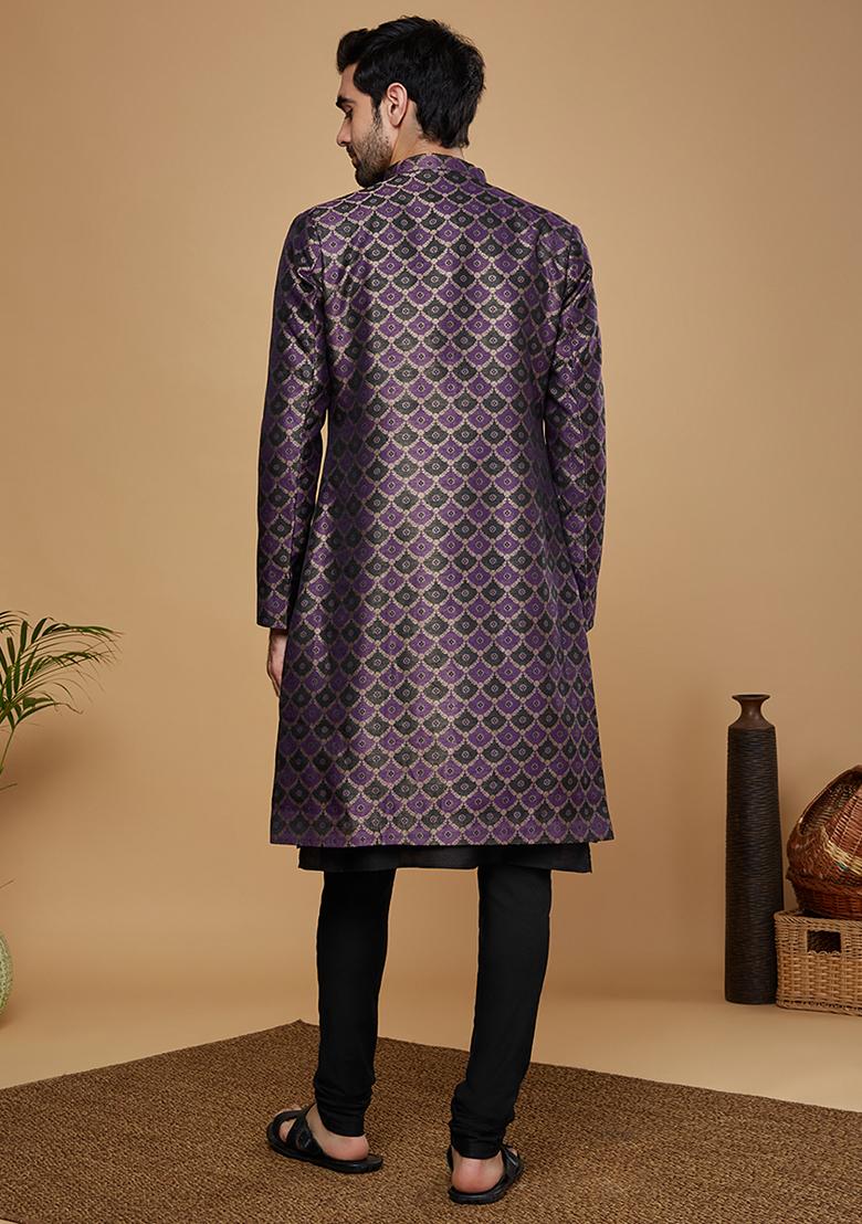 Purple Woven Design Silk Blend Kurta Sherwani Set