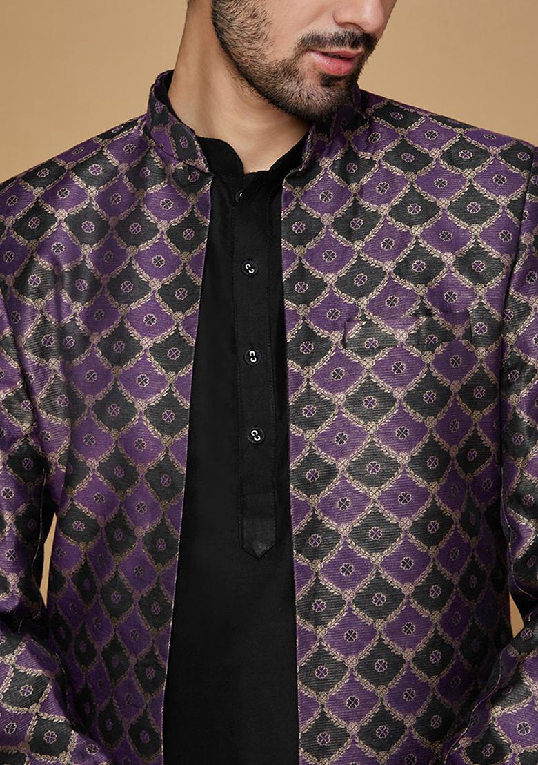 Purple Woven Design Silk Blend Kurta Sherwani Set