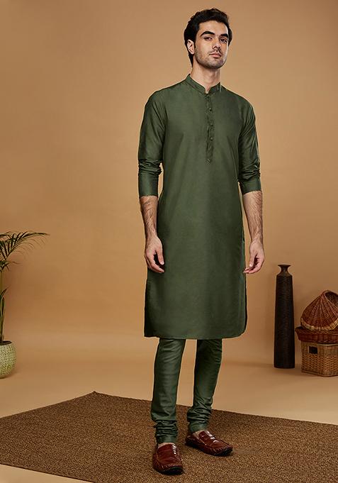 Green Woven Design Silk Blend Kurta Set