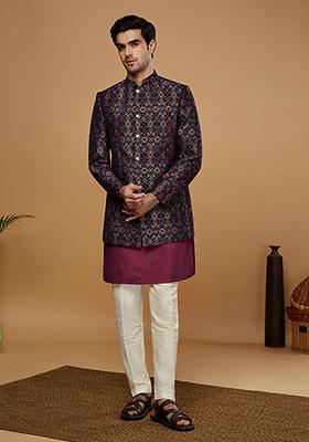 Multicolour Woven Design Silk Blend Mid Kurta Bandhgala Set