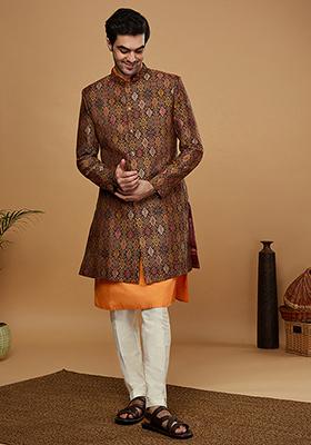 Yellow Woven Design Silk Blend Kurta Sherwani Set