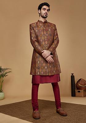 Yellow Woven Design Silk Blend Kurta Sherwani Set