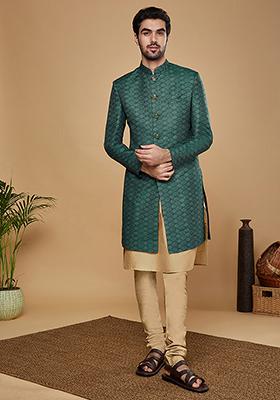 Green Woven Design Silk Blend Kurta Sherwani Set