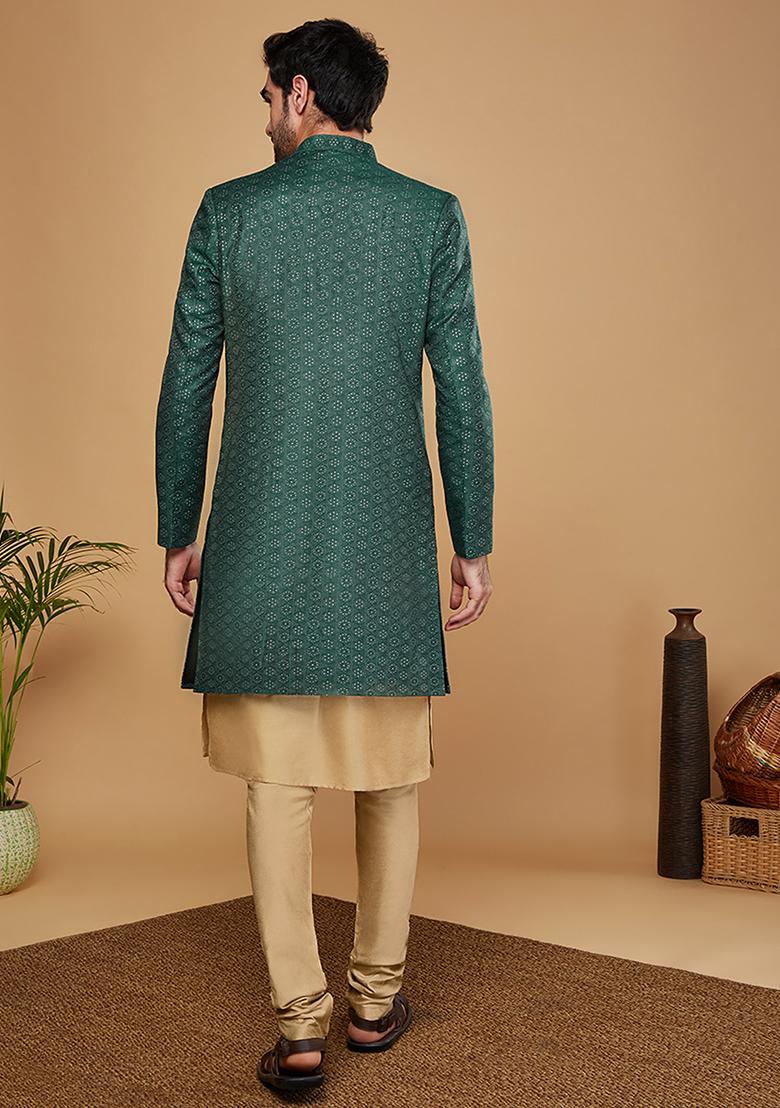Green Woven Design Silk Blend Kurta Sherwani Set