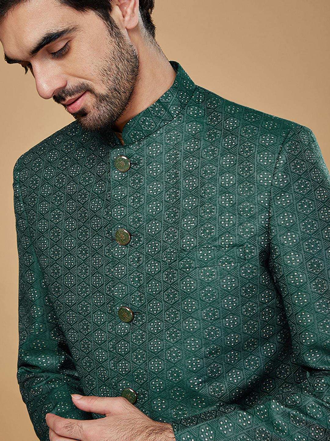 Green Woven Design Silk Blend Kurta Sherwani Set