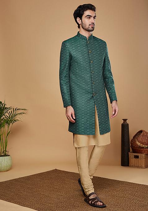 Green Woven Design Silk Blend Kurta Sherwani Set