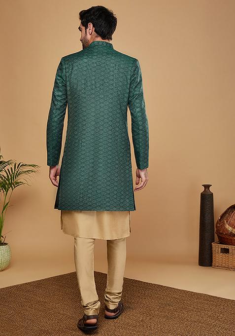 Green Woven Design Silk Blend Kurta Sherwani Set