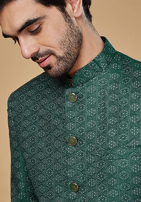Green Woven Design Silk Blend Kurta Sherwani Set