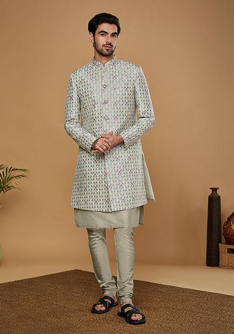 Grey Woven Design Silk Blend Kurta Sherwani Set