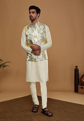 Off White Woven Design Jacquard Kurta Jacket Set