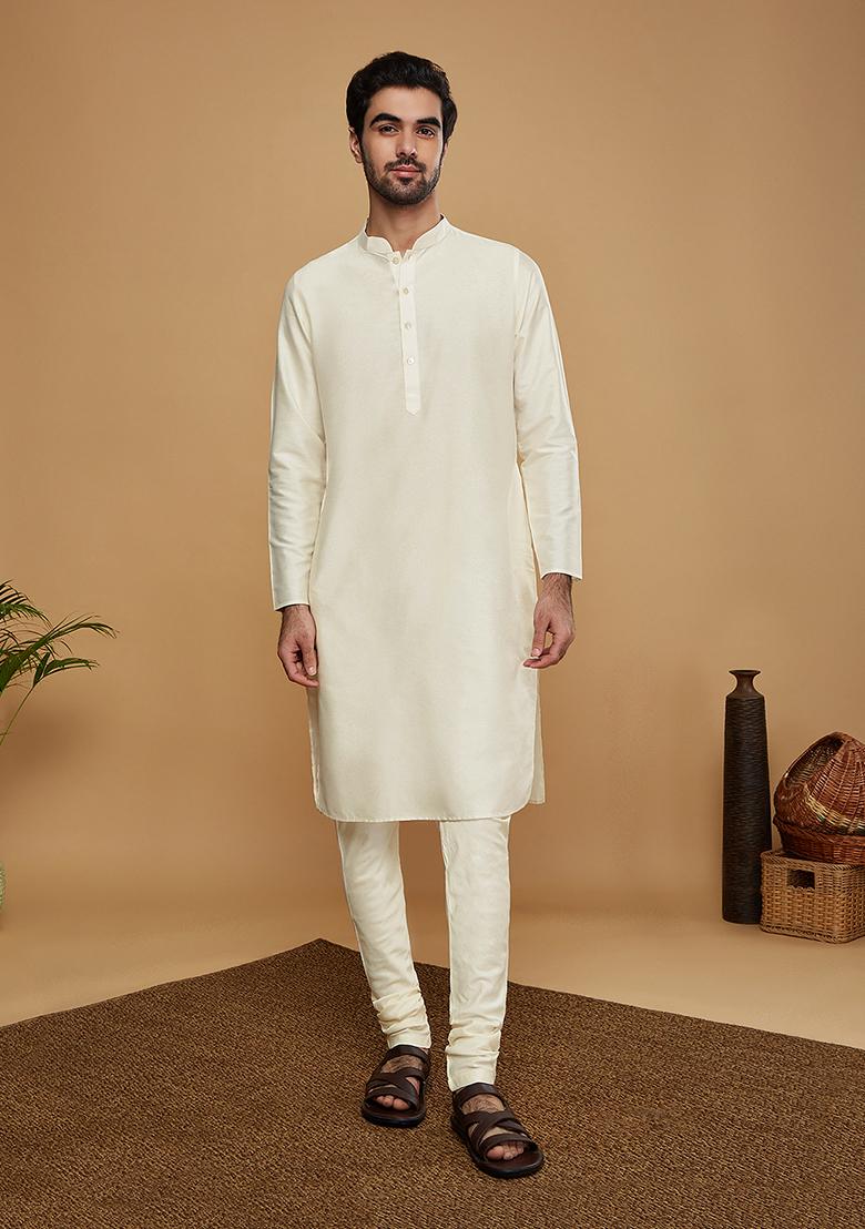Off White Woven Design Jacquard Kurta Jacket Set - Indya