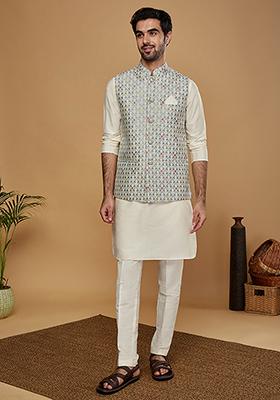 Grey Woven Design Silk Blend Mid Kurta Jacket Set
