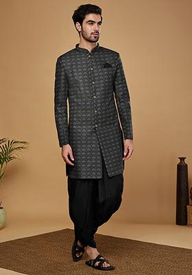 Black Woven Design Silk Blend Sherwani Set
