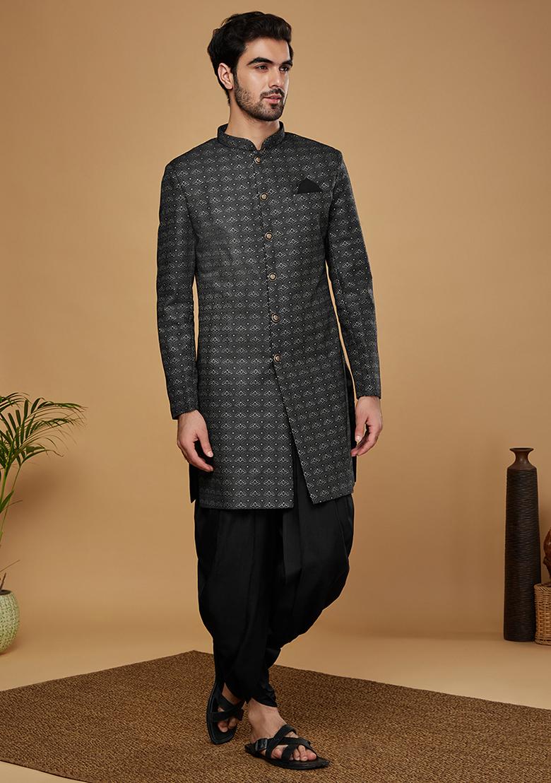 Black Woven Design Silk Blend Sherwani Set