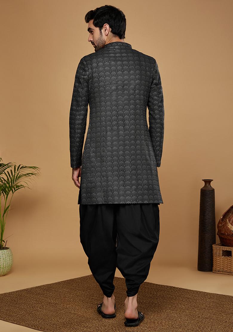 Black Woven Design Silk Blend Sherwani Set