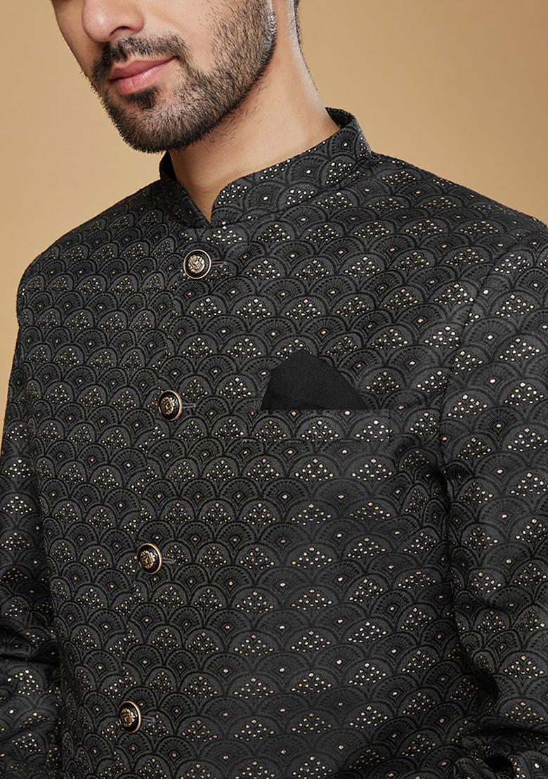 Black Woven Design Silk Blend Sherwani Set - Indya