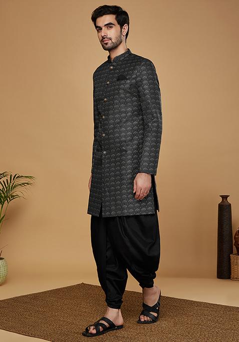 Black Woven Design Silk Blend Sherwani Set