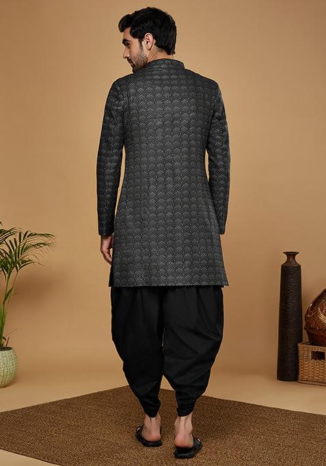 Black Woven Design Silk Blend Sherwani Set