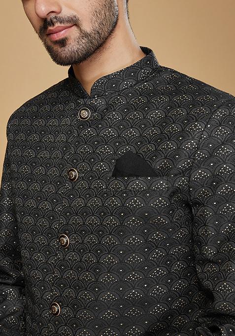 Black Woven Design Silk Blend Sherwani Set