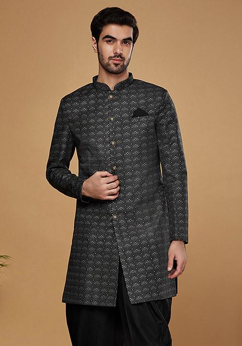 Black Woven Design Silk Blend Sherwani Set
