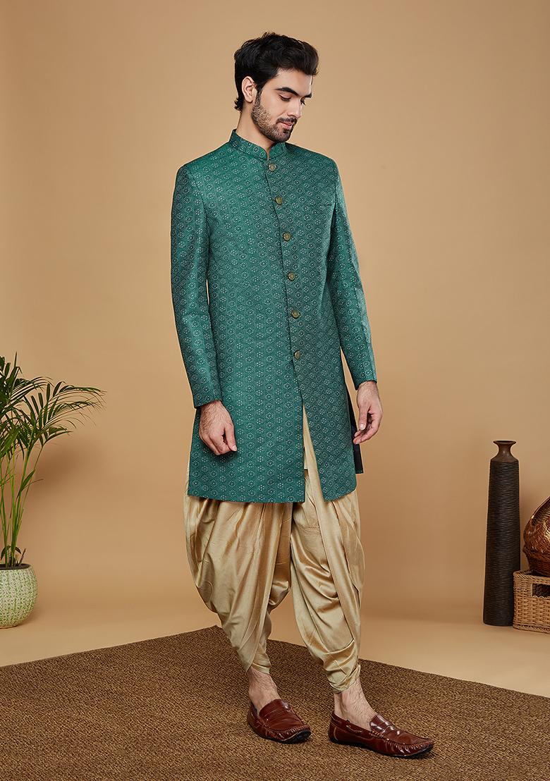 Green Woven Design Silk Blend Sherwani Set
