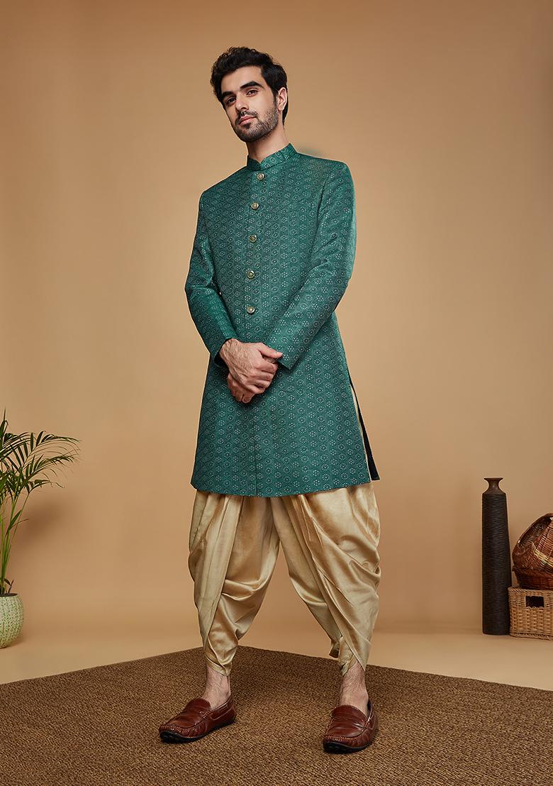 Green Woven Design Silk Blend Sherwani Set