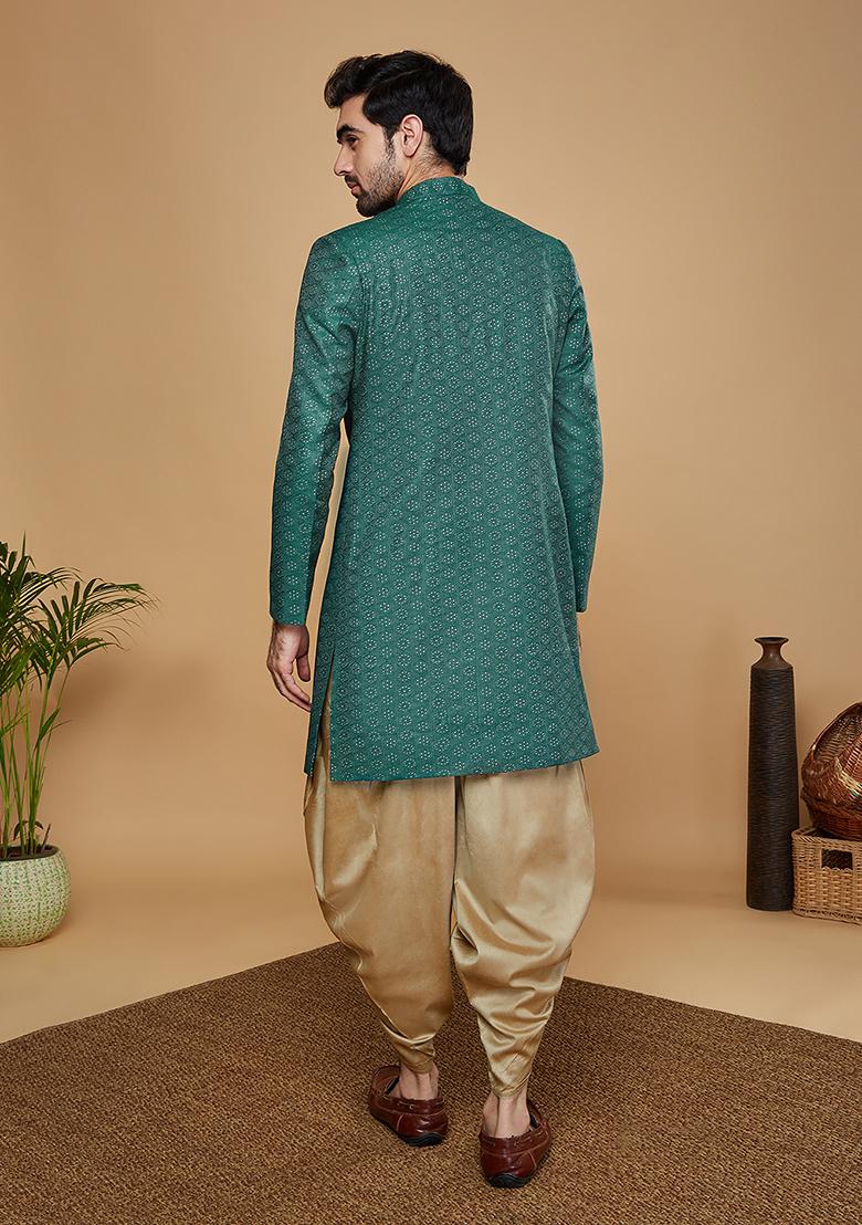 Green Woven Design Silk Blend Sherwani Set