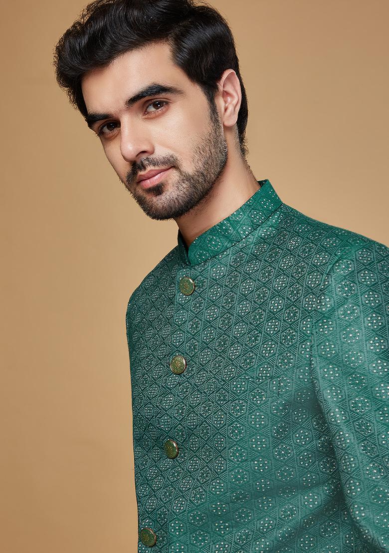 Green Woven Design Silk Blend Sherwani Set