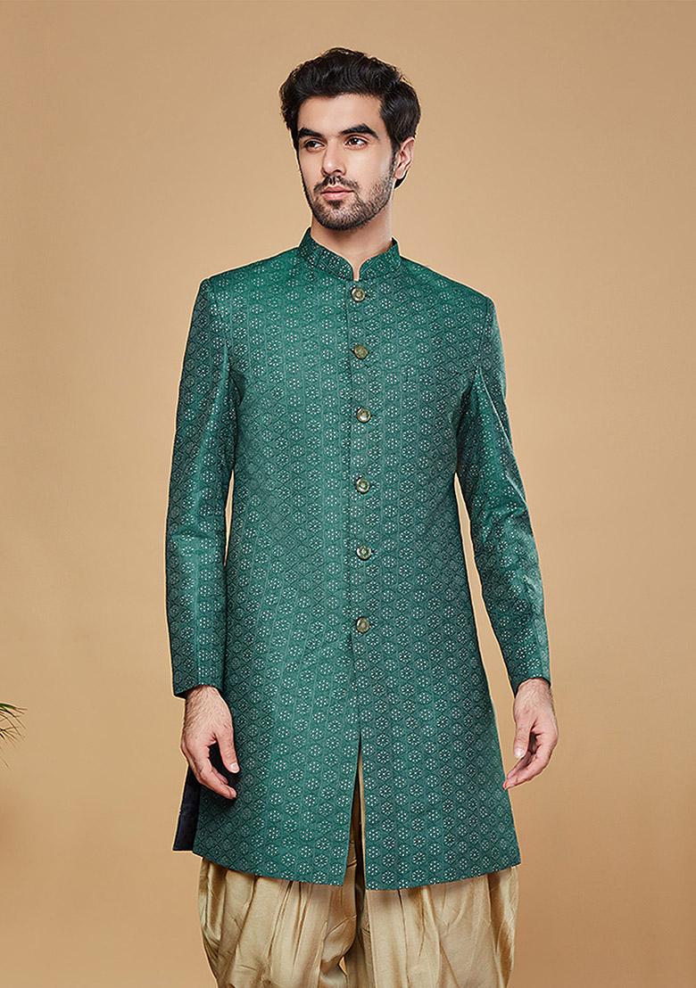 Green Woven Design Silk Blend Sherwani Set