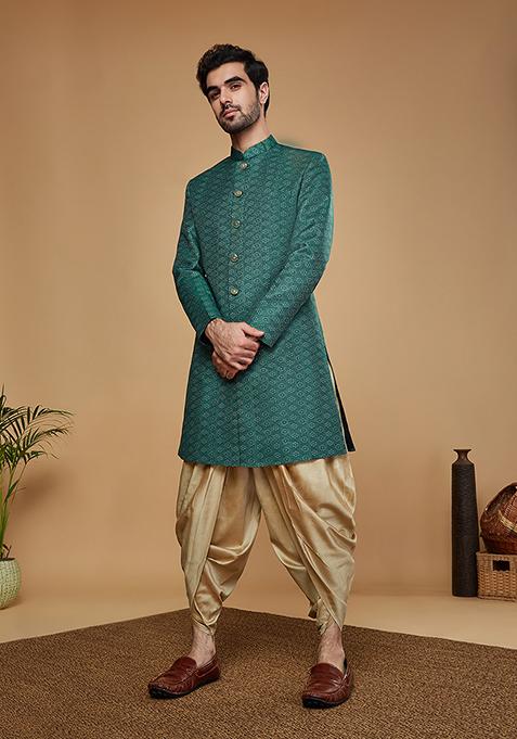 Green Woven Design Silk Blend Sherwani Set