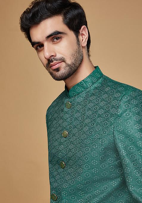 Green Woven Design Silk Blend Sherwani Set
