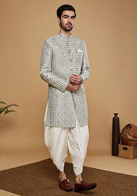 Grey Woven Design Silk Blend Sherwani Set