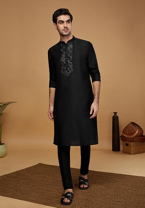 Black Embellished Cotton Blend Kurta Set